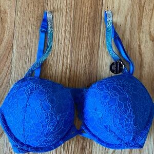 Victoria secret blue lace bombshell shine strap lace  bra size 32C NEW!!